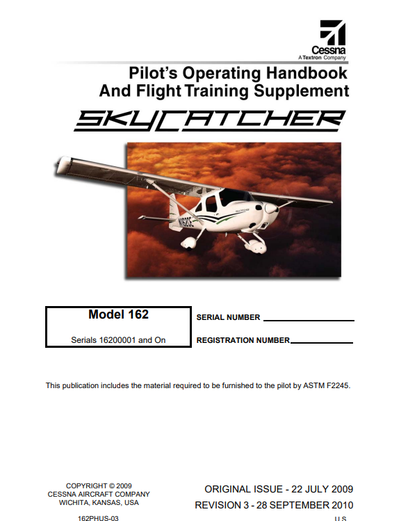 Cessna 162 Skycatcher Pilot Operating Handbook and Flight Training Supplement (Digital PDF)