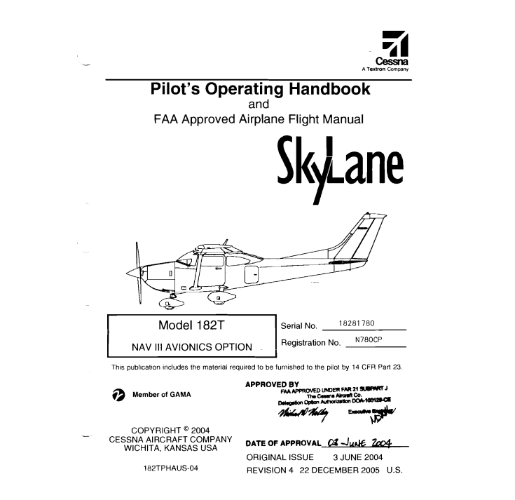 Cessna Skylane 182T Pilot Operating Handbook and FAA Approved Airplane Flight Manual (Digital PDF)