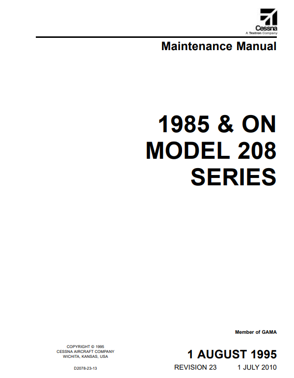 Cessna Model 208 Series 1985 & On Maintenance Manual (Digital PDF)