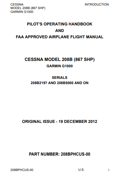 Cessna Model 208B Grand Caravan Pilot Operating Handbook + FAA Approved Airplane Flight Manual (Digital PDF)