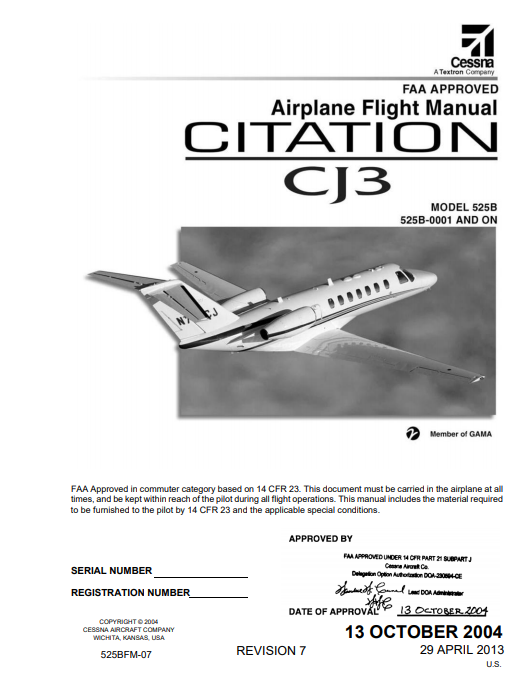 Cessna Citation CJ3 (525B) FAA Approved Airplane Flight Manual AFM (Digital PDF)