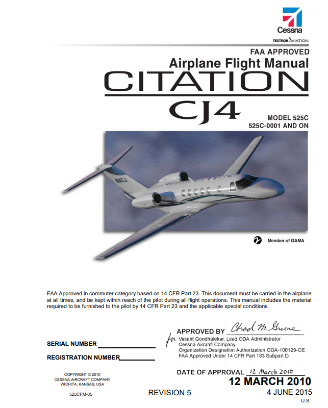 Cessna Citation CJ4 (525C) FAA Approved Airplane Flight Manual AFM (Digital PDF)