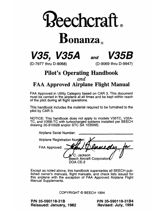Beechcraft Bonanza B35-B35A-B35B Pilot Operating Handbook and FAA Approved Airplane Flight Manual (Digital PDF)