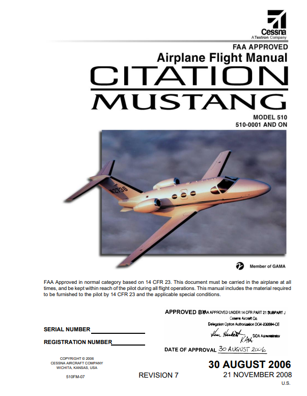 Cessna Citation Mustang Model 510 FAA Approved Airplane Flight Manual (Digital PDF)