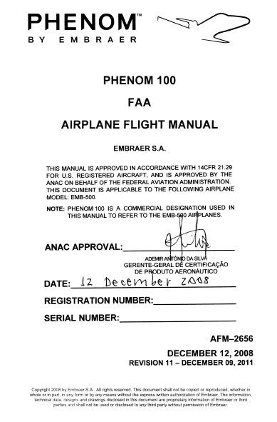 Embraer Phenom 100 Airplane Flight Manual (AFM) – Digital PDF