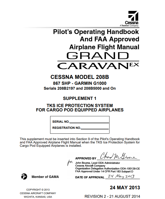 Cessna Grand Caravan EX 208B TKS Ice Protection System Flight Manual Supplement (Digital PDF)
