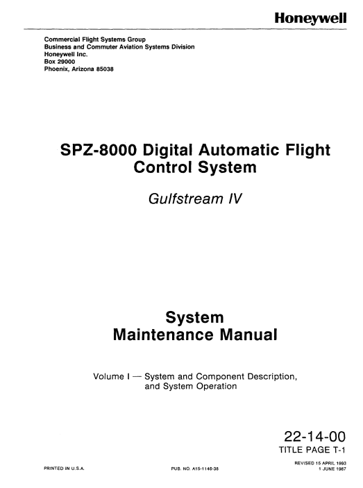 Honeywell SPZ-8000 Digital Automatic Flight Control System – Gulfstream IV System Maintenance Manual, Volume I (Digital PDF)