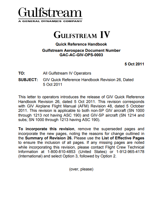 Gulfstream IV Quick Reference Handbook (QRH) – Revision 26 (Digital PDF)