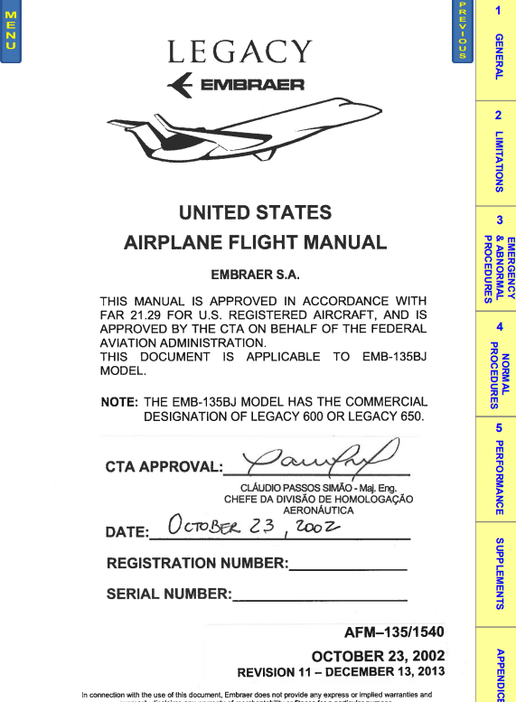 Embraer Legacy Airplane Flight Manual AFM-135-1540 (Digital PDF)