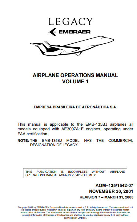 Embraer Legacy Airplane Operations Manual Volume 1 (Digital PDF)