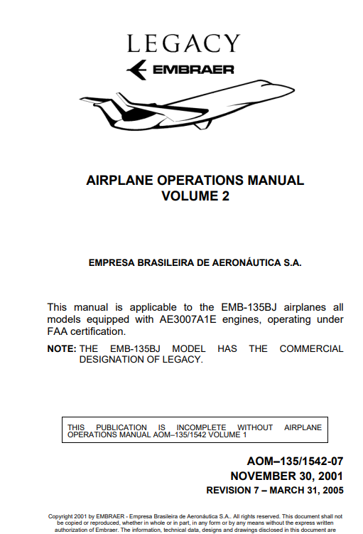 Embraer Legacy Airplane Operations Manual Volume 2 (Digital PDF)
