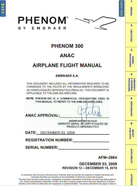 Embraer Phenom 300 ANAC Airplane Flight Manual (AFM) – Digital PDF