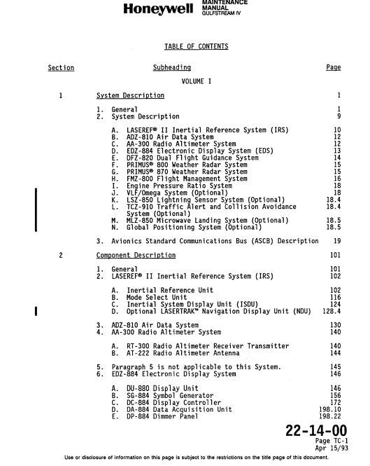 Honeywell SPZ-8000 Digital Automatic Flight Control System – Gulfstream IV System Maintenance Manual, Volume I (Digital PDF) - Image 2